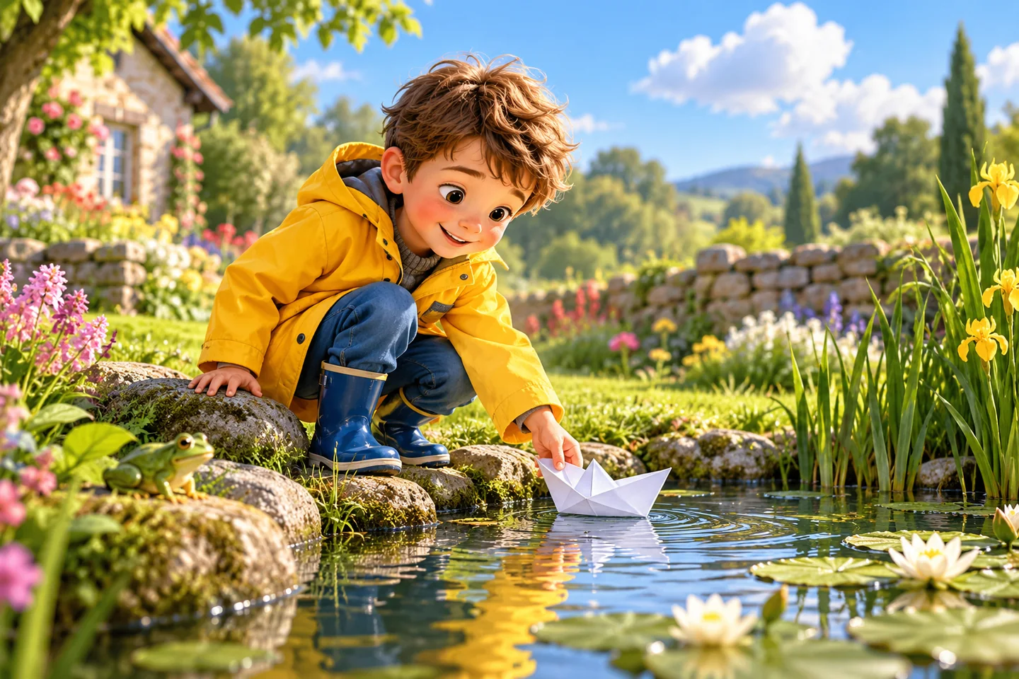 穿着完整、手拿图书的虚构男孩故事插画示意,不是真实儿童或身份参考